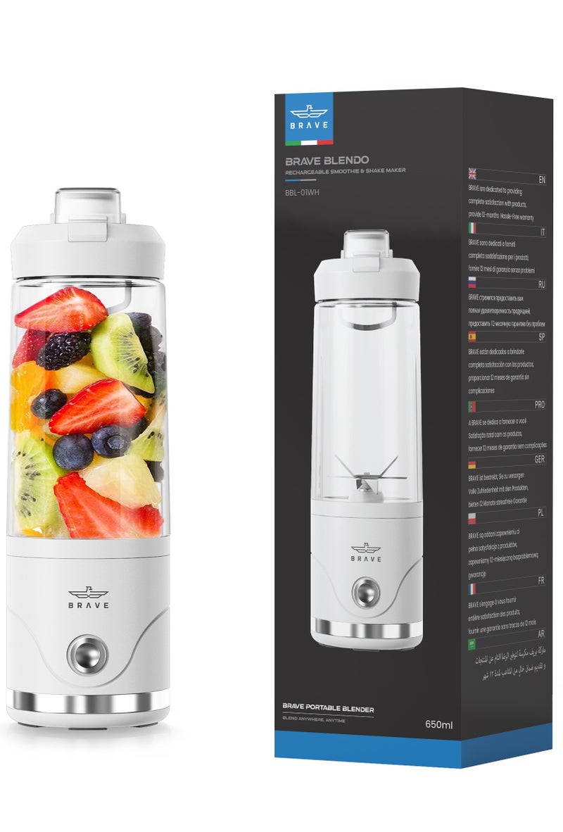 Brave Blendo Portable Blender 650ml with 20,000 RPM Speed, Powerful 6-Blade Ice Crusher, 4000mAh USB-C Rechargeable Battery, Cordless Personal Smoothie Maker with Leak-Proof Drinking Cap, Built-in BPA-Free Blender for Shakes, Smoothies, Protein Shakes, Baby Food and Fresh Juices, Lightweight and Ready for Travel and the Gym – White - Image 1